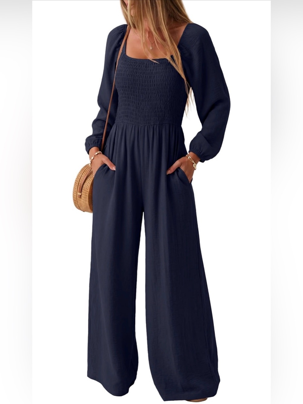 Smocked Square-Neck Wide-Leg Jumpsuit in Navy